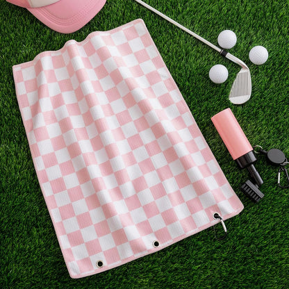 Pink and White Checkered Golf Towel with 5 oz Cleaner Water Brush