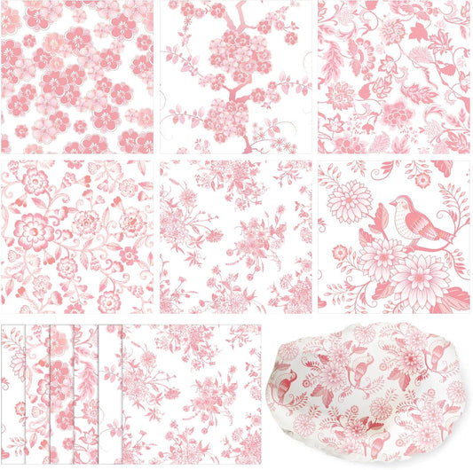 36 Pack 6 Styles Pink Decoupage Napkins Assorted Floral Chinoiserie Cocktail Napkin Decorative Printed Toile Tissue Paper for Crafting Summer Seashell DIY Coastal Decor, Unfolded 13''