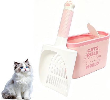 Cat Litter Scooper with Holder, Quick-Sifting Cat Litter Sieve – Easily Removes Clumps, Detachable Scoop Head with Storage Stand and Trash Bag Holder, Premium Cat Litter Scoop (Pink)