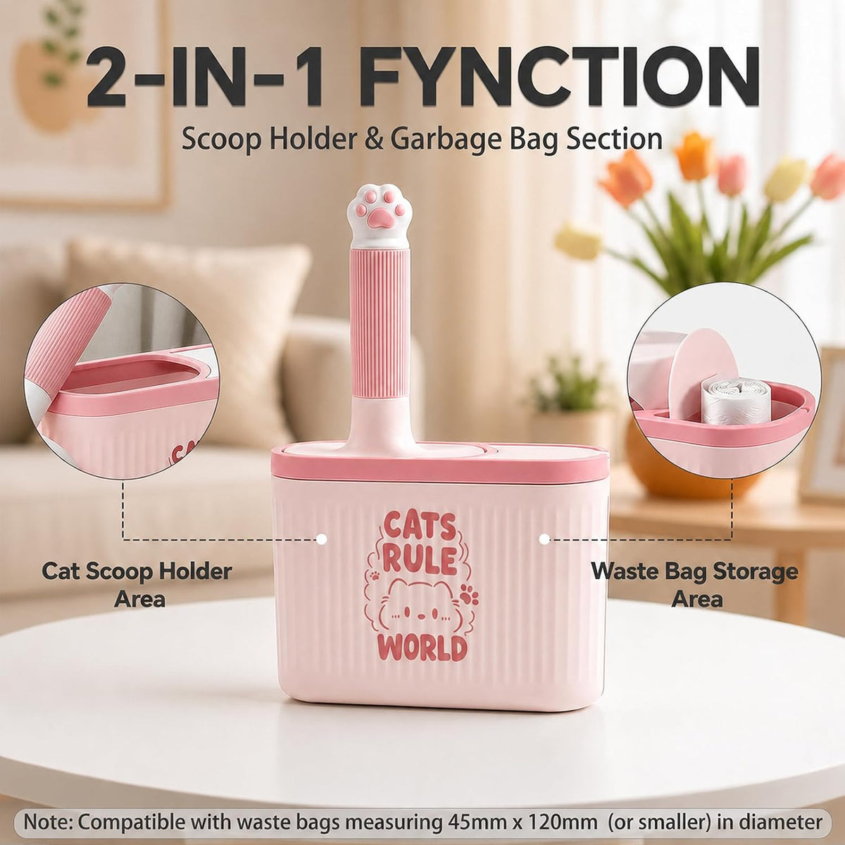 Cat Litter Scooper with Holder, Quick-Sifting Cat Litter Sieve – Easily Removes Clumps, Detachable Scoop Head with Storage Stand and Trash Bag Holder, Premium Cat Litter Scoop (Pink)