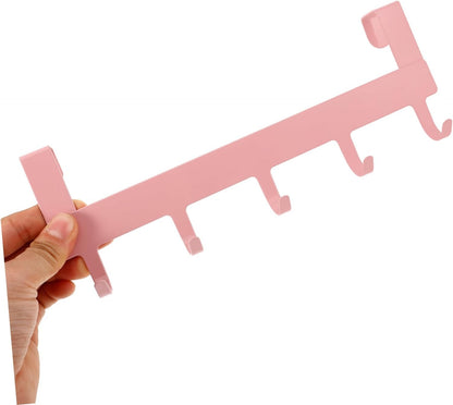 Pink Over the Door Hook 5-Hook Iron Door Rack No-Drill Back Door Organizer for Towels Clothes Kitchen Wardrobe and Office