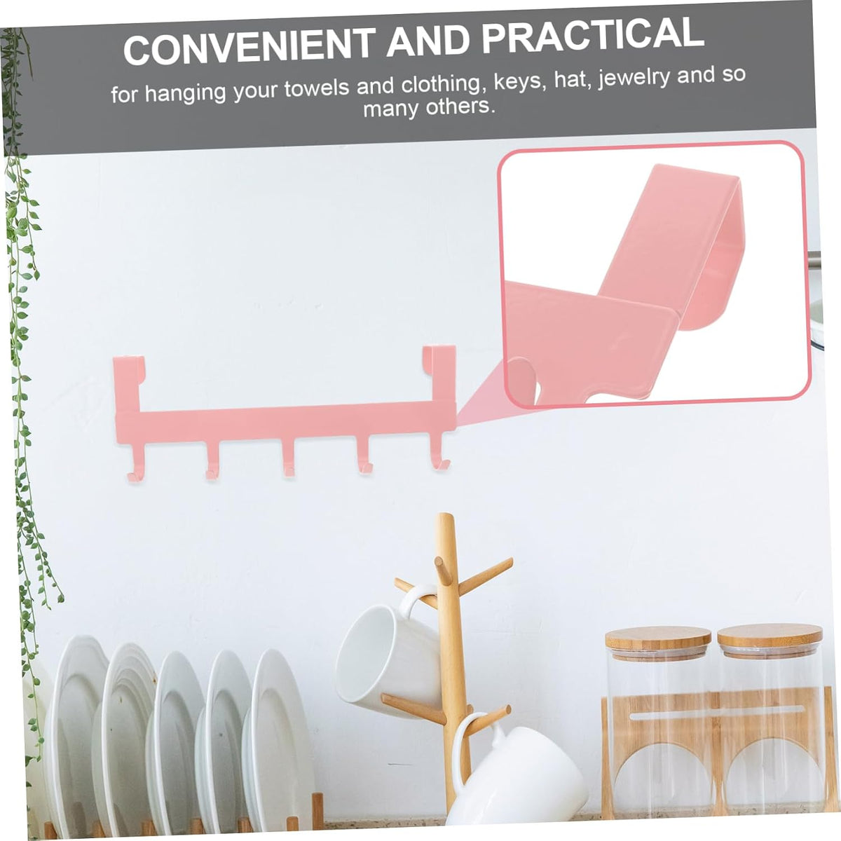 Pink Over the Door Hook 5-Hook Iron Door Rack No-Drill Back Door Organizer for Towels Clothes Kitchen Wardrobe and Office