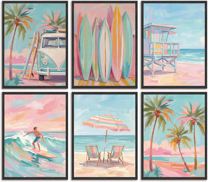 6Pcs Pink Watercolor Coastal Canvas Wall Art Unframed 8X10in