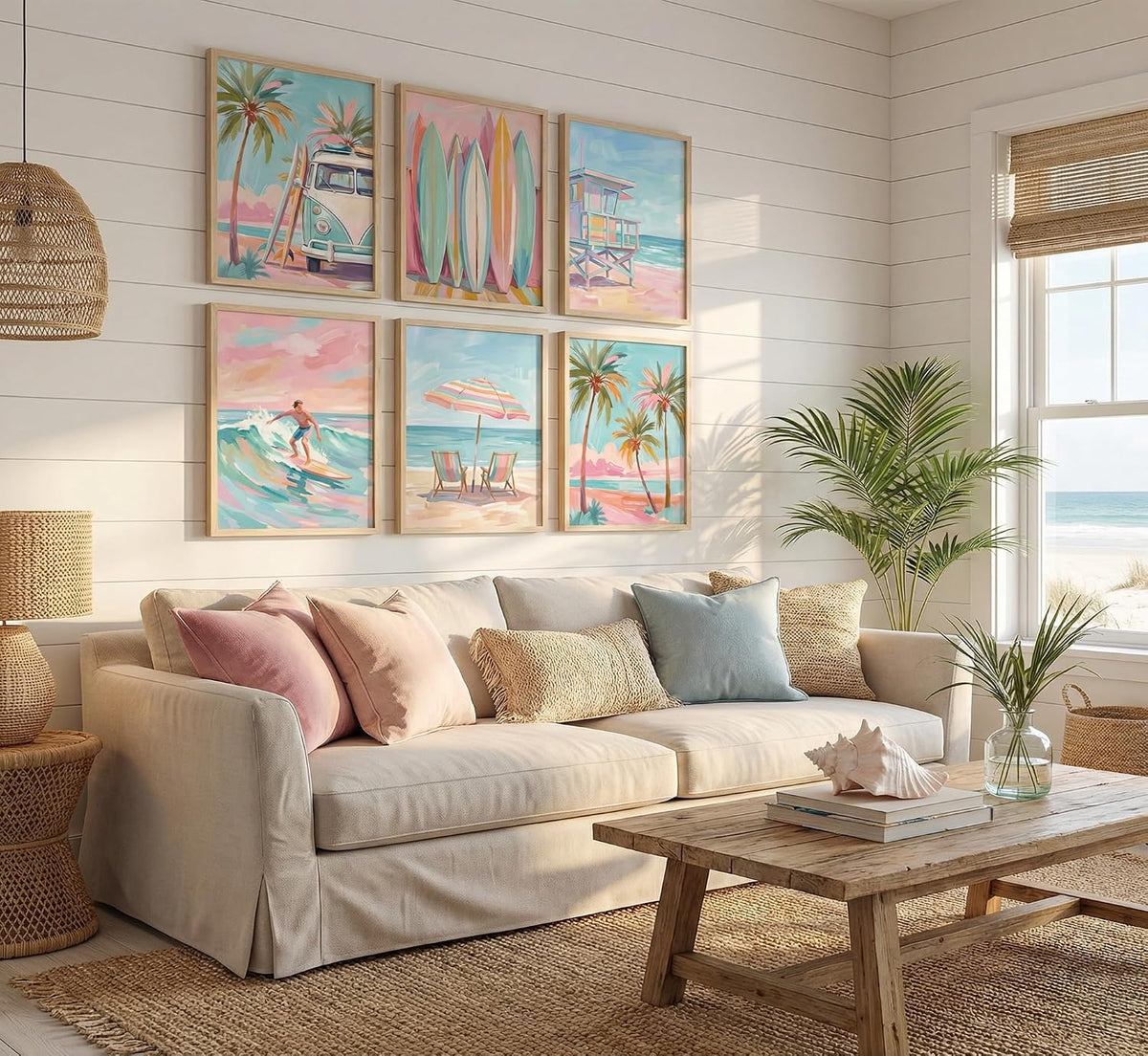 6Pcs Pink Watercolor Coastal Canvas Wall Art Unframed 8X10in