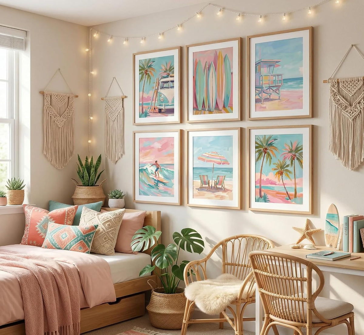 6Pcs Pink Watercolor Coastal Canvas Wall Art Unframed 8X10in