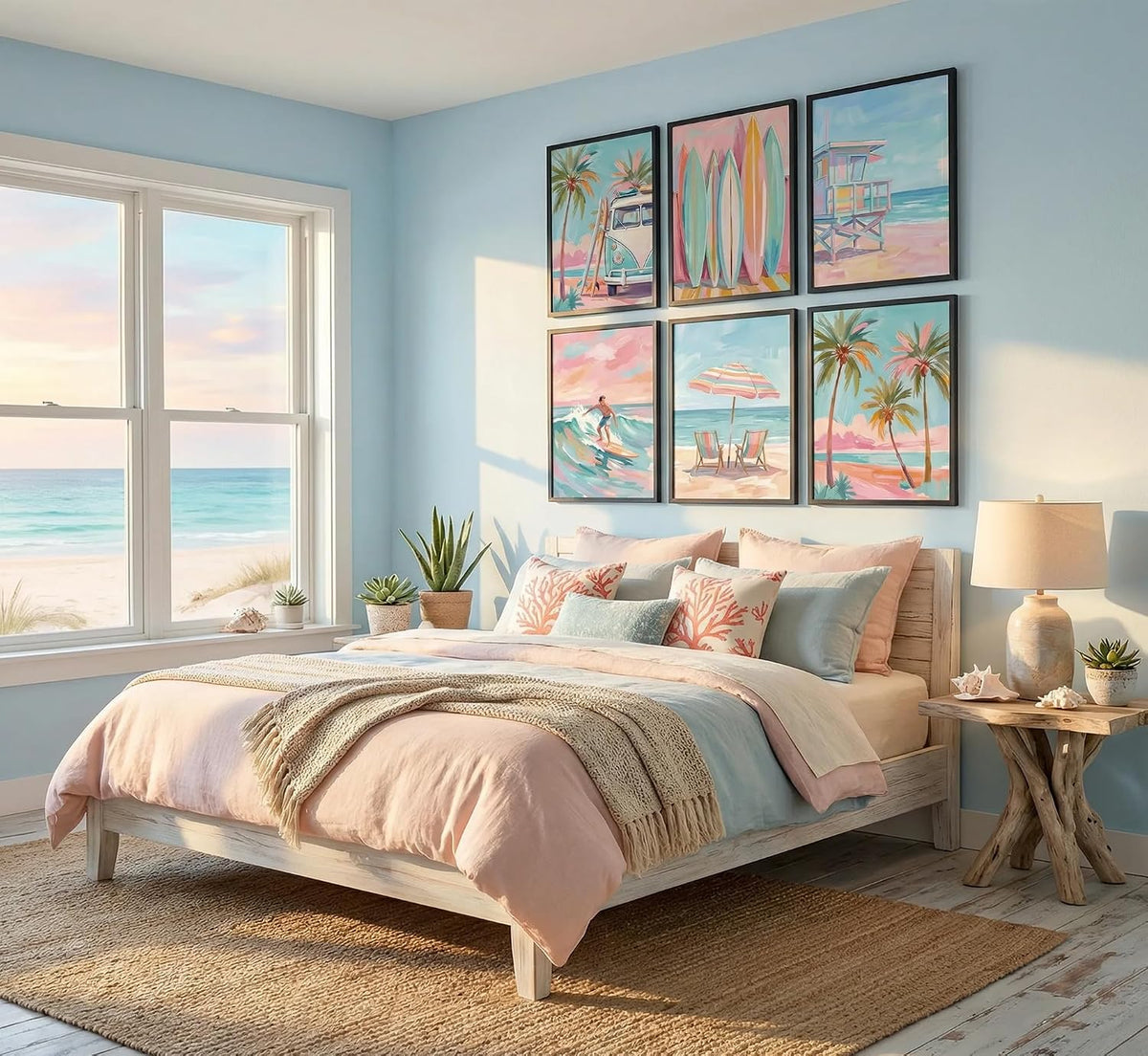 6Pcs Pink Watercolor Coastal Canvas Wall Art Unframed 8X10in