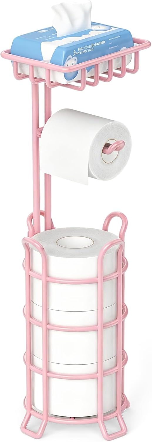 Toilet Paper Holder Free Standing with Shelf, Stable 4 Raised Feet