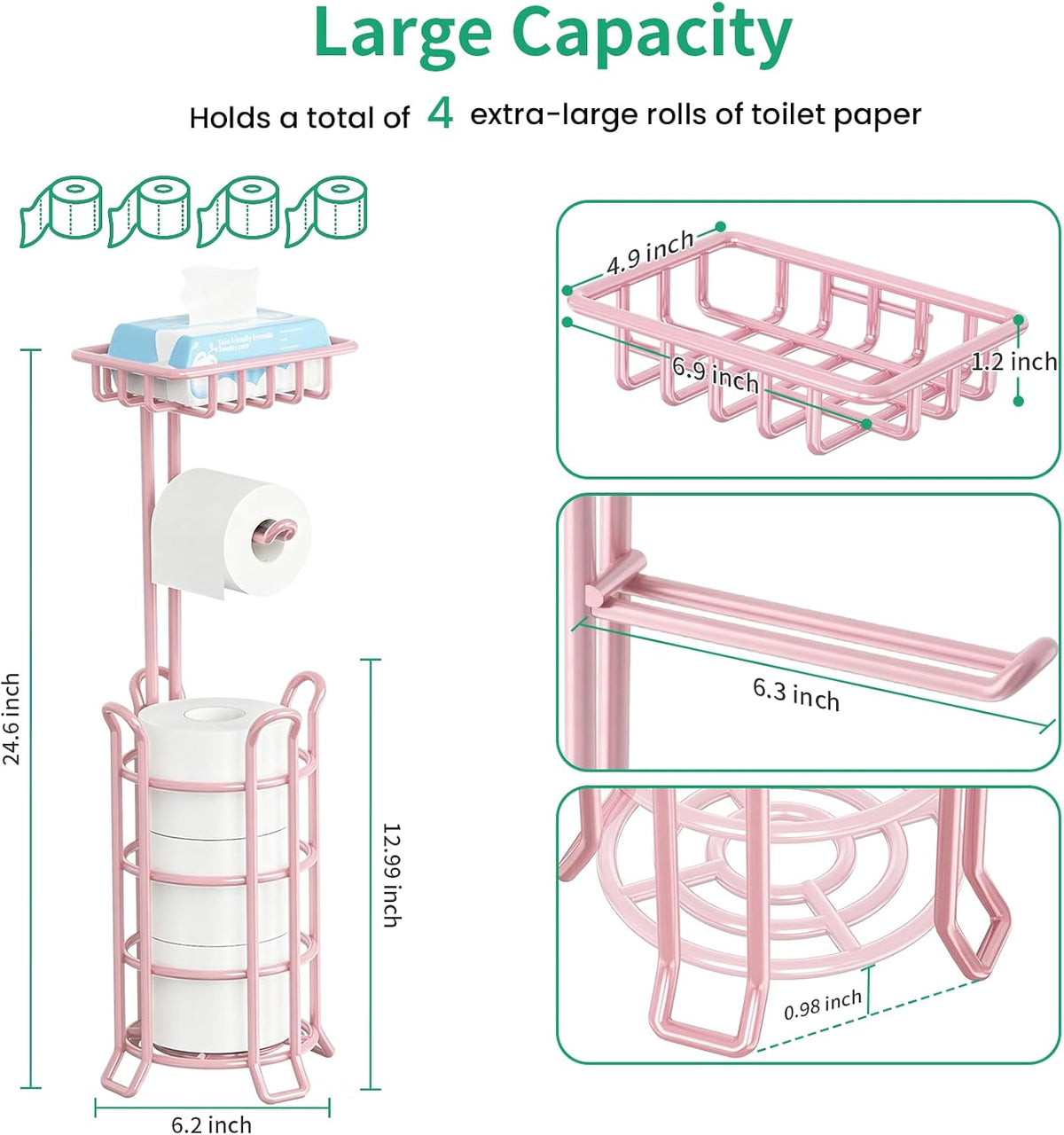 Toilet Paper Holder Free Standing with Shelf, Stable 4 Raised Feet