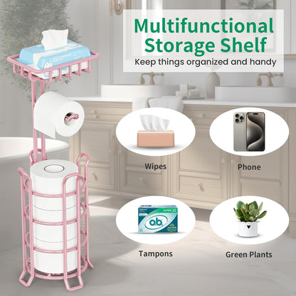 Toilet Paper Holder Free Standing with Shelf, Stable 4 Raised Feet