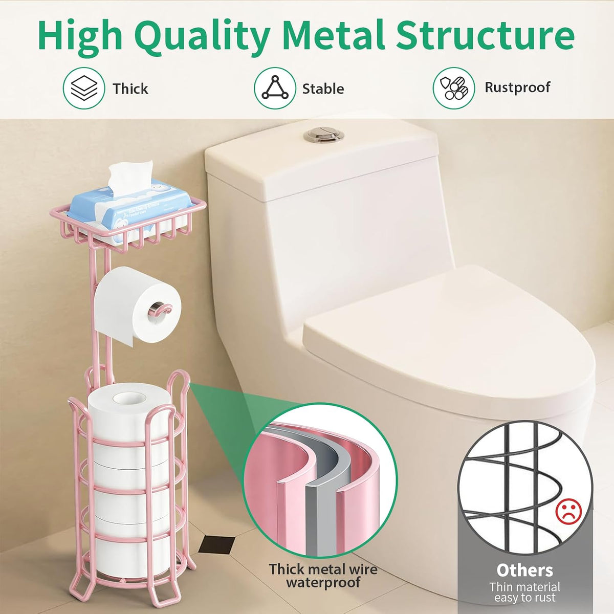 Toilet Paper Holder Free Standing with Shelf, Stable 4 Raised Feet