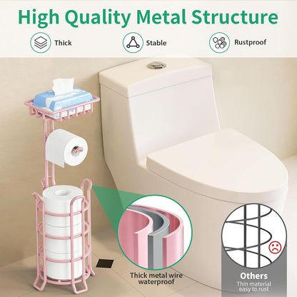 Toilet Paper Holder Free Standing with Shelf, Stable 4 Raised Feet