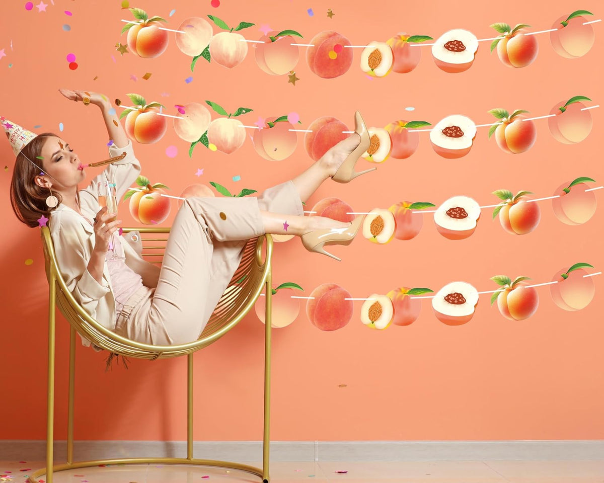 2PCS Peach Paper Banner, Cute Juicy Peach Baby Shower 2nd Birthday Fruit Party Favors Supplies Decorations Garlands for Carnival/Events