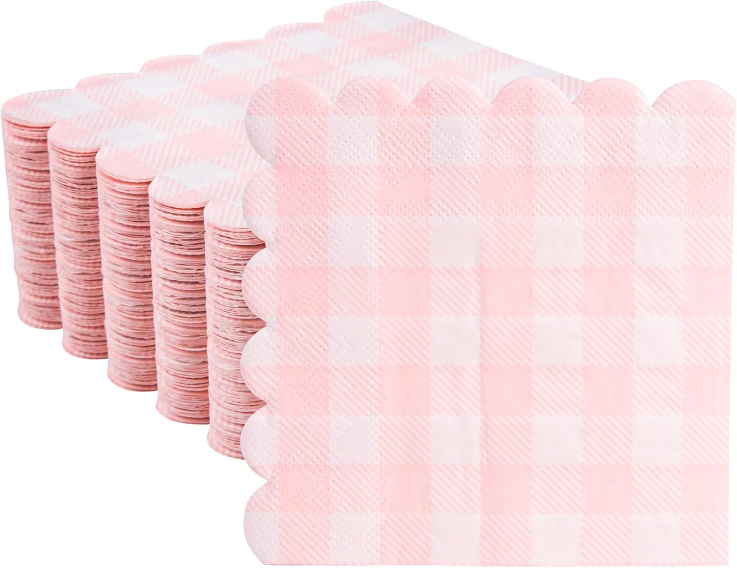 100 Pack Disposable Cocktail Napkins, 5 x 5 Inches, 2-Ply, Scalloped Edge, for Dinner Wedding Birthday Party Bridal Anniversary Reception Event (100, Tartan Pink)