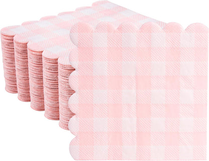 100 Pack Disposable Cocktail Napkins, 5 x 5 Inches, 2-Ply, Scalloped Edge, for Dinner Wedding Birthday Party Bridal Anniversary Reception Event (100, Tartan Pink)