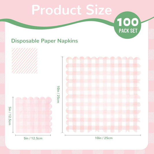 100 Pack Disposable Cocktail Napkins, 5 x 5 Inches, 2-Ply, Scalloped Edge, for Dinner Wedding Birthday Party Bridal Anniversary Reception Event (100, Tartan Pink)