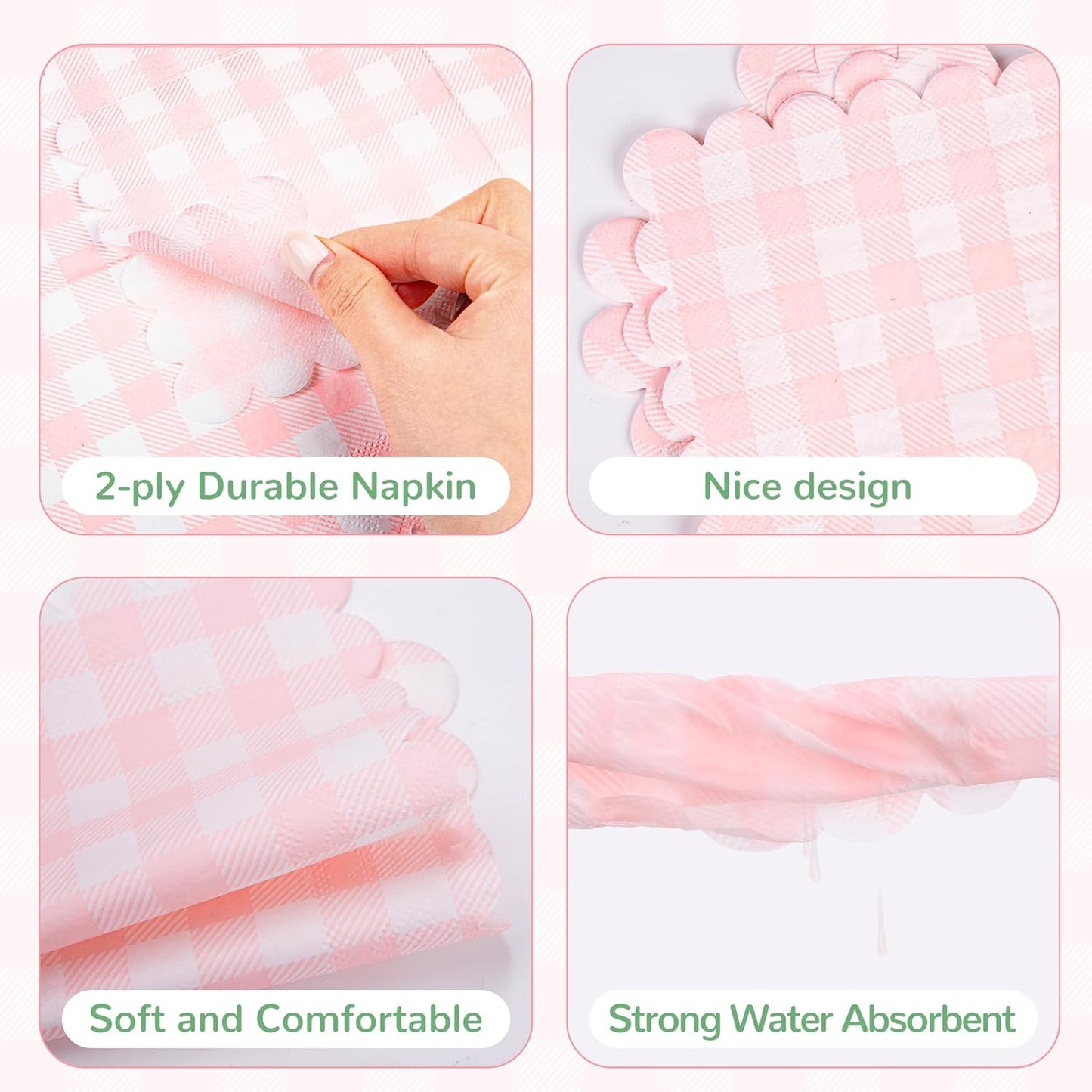 100 Pack Disposable Cocktail Napkins, 5 x 5 Inches, 2-Ply, Scalloped Edge, for Dinner Wedding Birthday Party Bridal Anniversary Reception Event (100, Tartan Pink)
