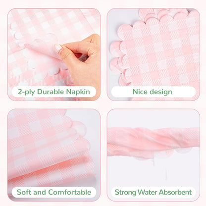 100 Pack Disposable Cocktail Napkins, 5 x 5 Inches, 2-Ply, Scalloped Edge, for Dinner Wedding Birthday Party Bridal Anniversary Reception Event (100, Tartan Pink)