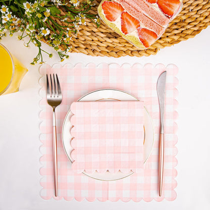 100 Pack Disposable Cocktail Napkins, 5 x 5 Inches, 2-Ply, Scalloped Edge, for Dinner Wedding Birthday Party Bridal Anniversary Reception Event (100, Tartan Pink)
