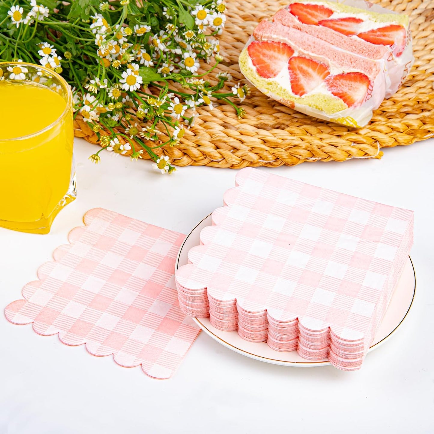 100 Pack Disposable Cocktail Napkins, 5 x 5 Inches, 2-Ply, Scalloped Edge, for Dinner Wedding Birthday Party Bridal Anniversary Reception Event (100, Tartan Pink)