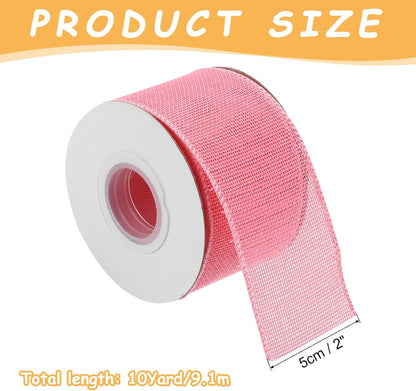 Burlap Ribbon Fabric Wired Edge Ribbons Pink 2 Inch x 10 Yard Wired Ribbon for Gift Wrapping, Bow, Wreath, Christmas Tree, Flower Bouquet,with Roller