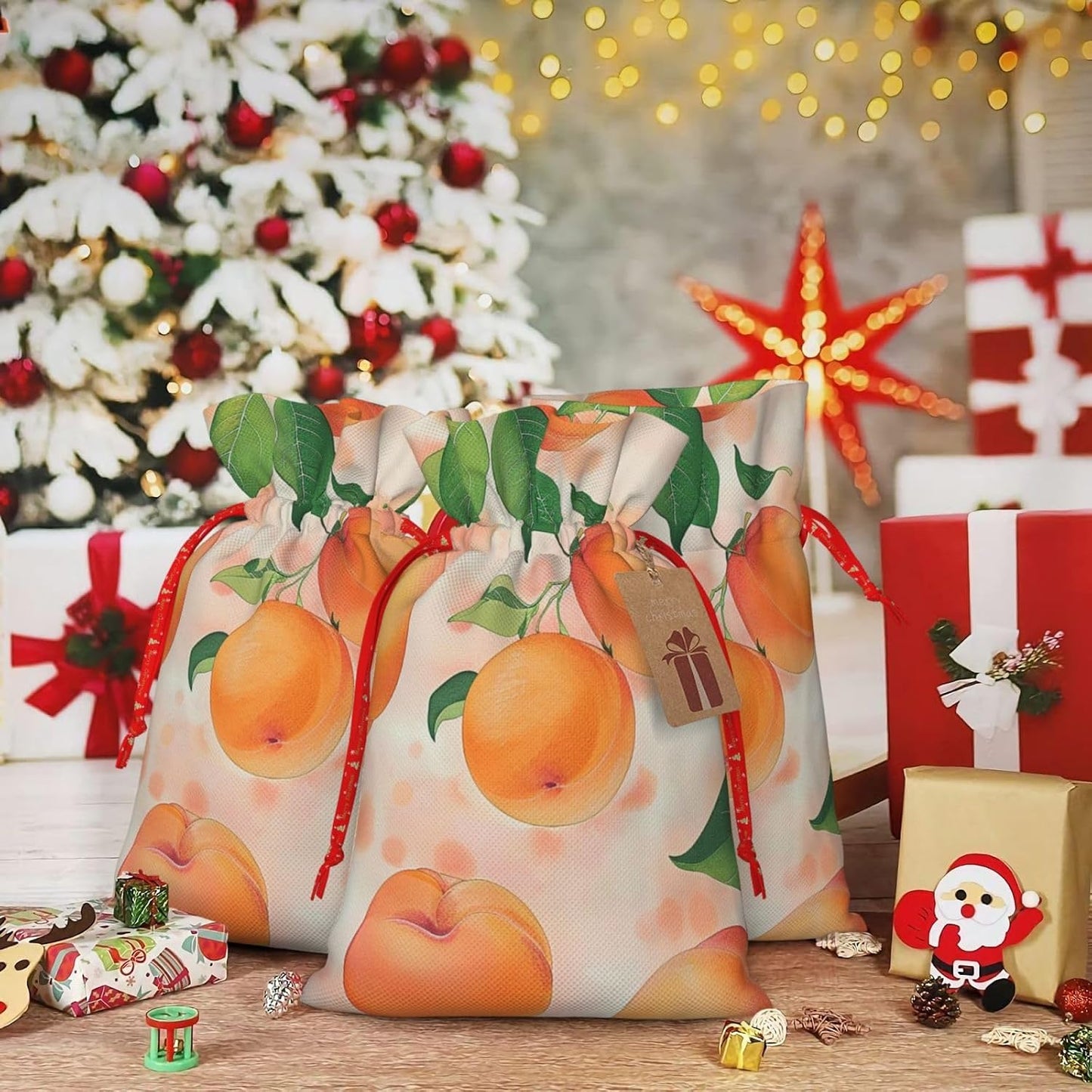 BEIVGOXL Peach Printed Drawstring Burlap Gift Bag - Eco-Friendly, Delicate Design Reusable Pouches, For Christmas,Birthday Wedding Party Supplies 6.9x4.7inch