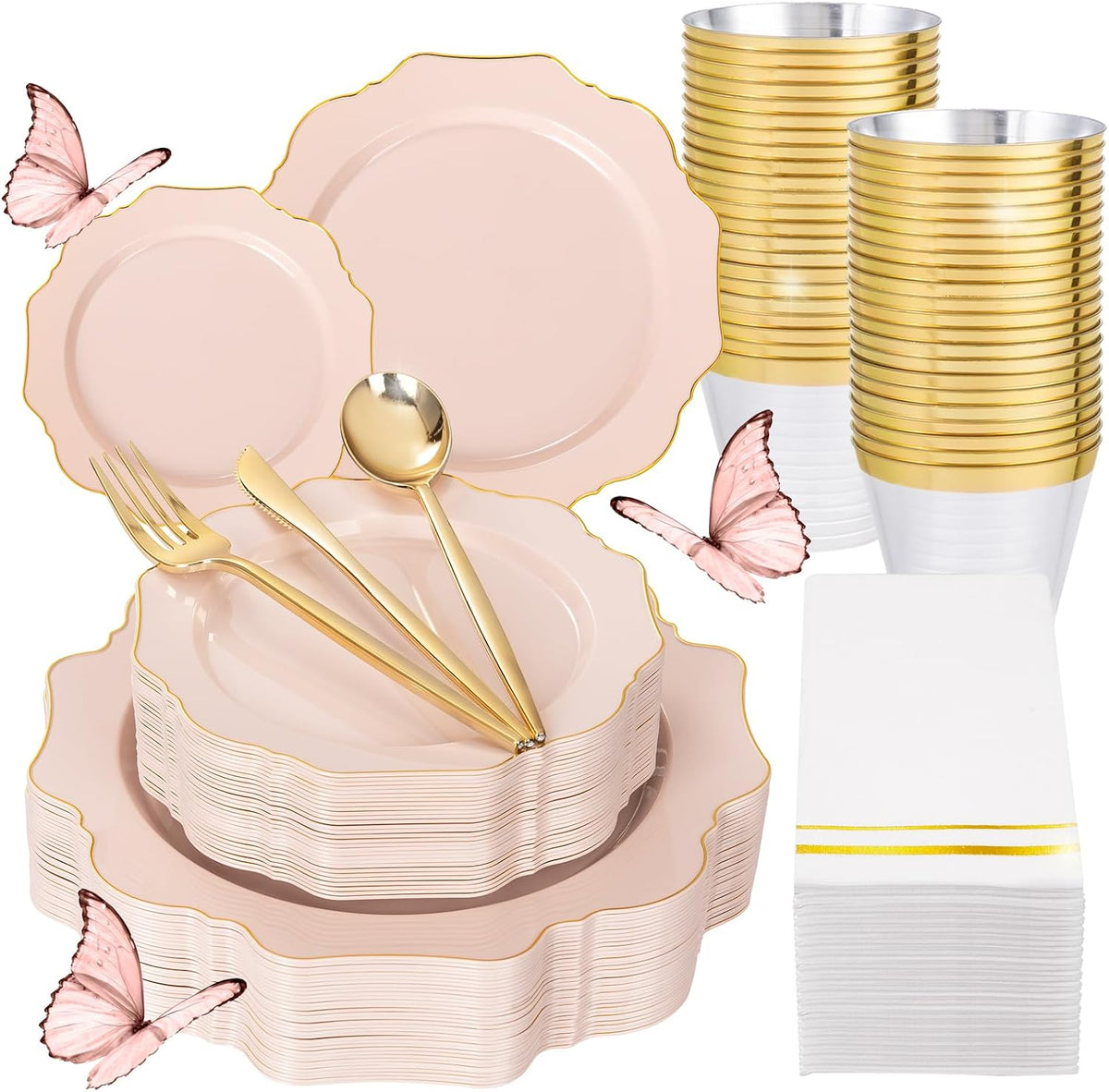 175Pcs Pink Plastic Plates - Pink and Gold Plates Disposable 25guest Plastic Dinnerware Ideal for Bridal Shower/Wedding/Baby Shower/Spring Party