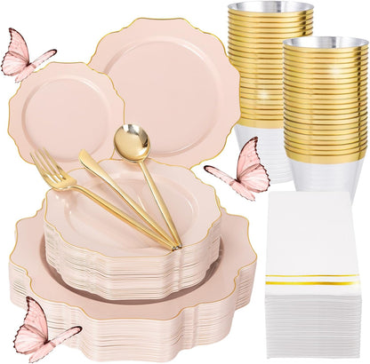 175Pcs Pink Plastic Plates - Pink and Gold Plates Disposable 25guest Plastic Dinnerware Ideal for Bridal Shower/Wedding/Baby Shower/Spring Party