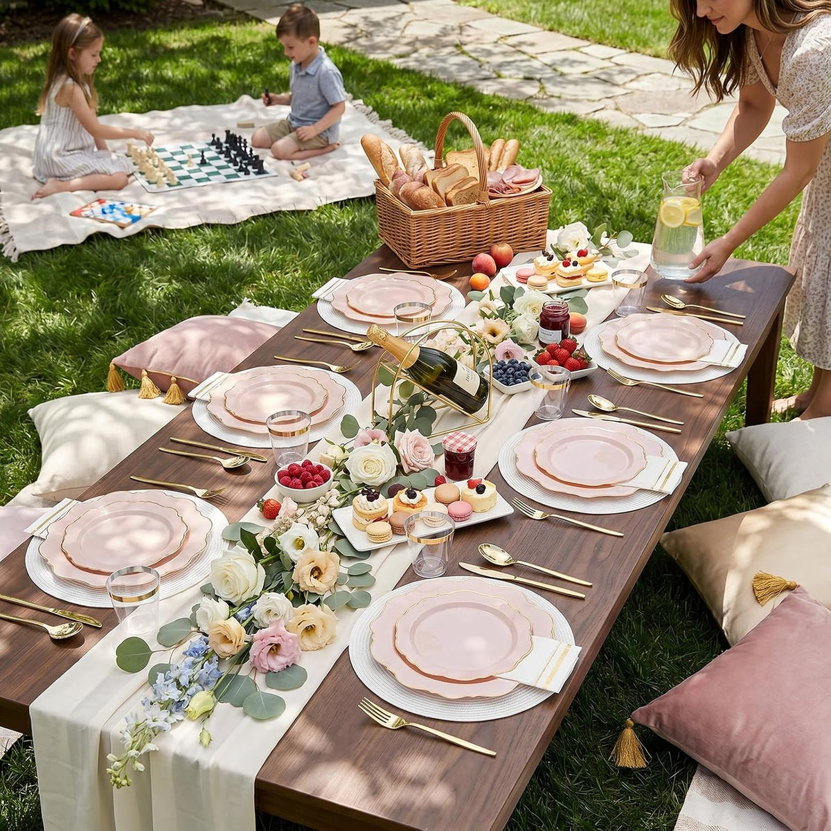 175Pcs Pink Plastic Plates - Pink and Gold Plates Disposable 25guest Plastic Dinnerware Ideal for Bridal Shower/Wedding/Baby Shower/Spring Party