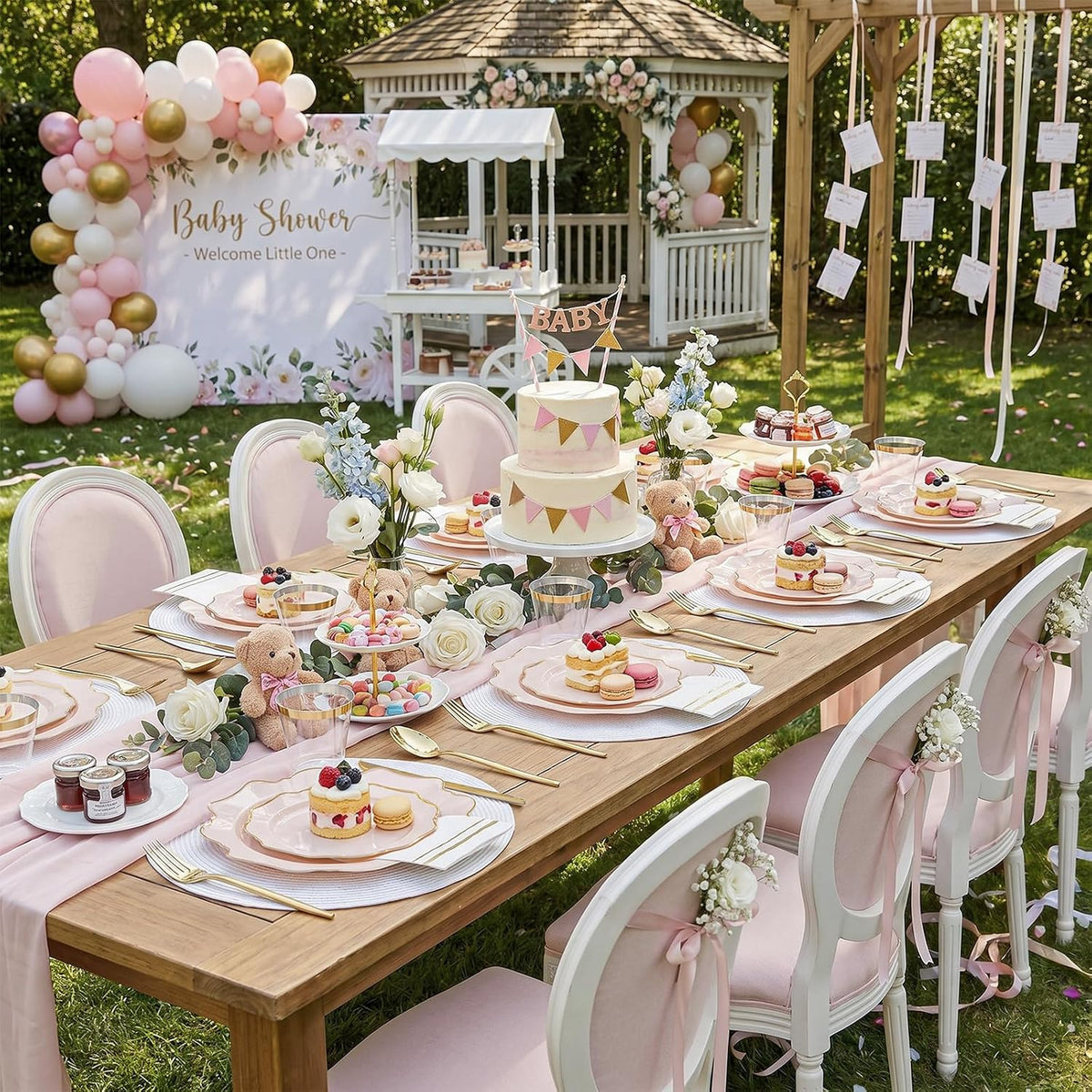 175Pcs Pink Plastic Plates - Pink and Gold Plates Disposable 25guest Plastic Dinnerware Ideal for Bridal Shower/Wedding/Baby Shower/Spring Party