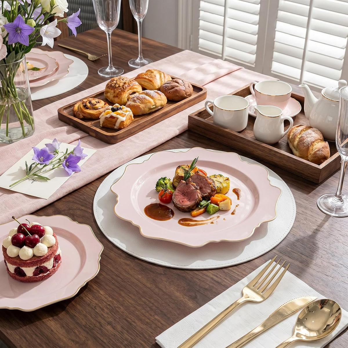 175Pcs Pink Plastic Plates - Pink and Gold Plates Disposable 25guest Plastic Dinnerware Ideal for Bridal Shower/Wedding/Baby Shower/Spring Party
