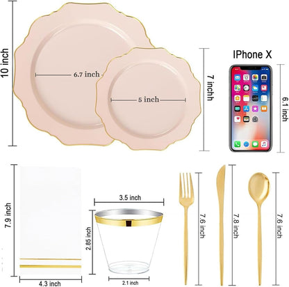 175Pcs Pink Plastic Plates - Pink and Gold Plates Disposable 25guest Plastic Dinnerware Ideal for Bridal Shower/Wedding/Baby Shower/Spring Party