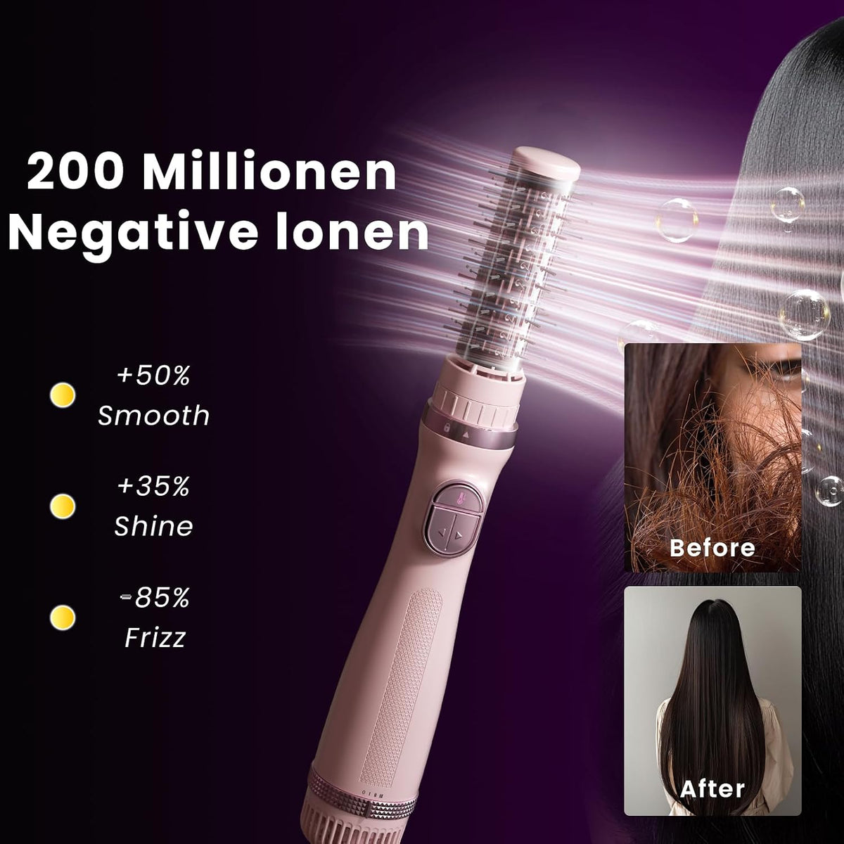 Blow Dryer Brush, 3-in-1 Rotating Hair Dryer Brush with 3 Heads for Drying Styling Volumizing Curling Sleeking in One Step for Long Hair, 3 Temperatures, Negative Ionen, Ceramic Coating, Pink
