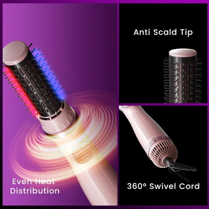 Blow Dryer Brush, 3-in-1 Rotating Hair Dryer Brush with 3 Heads for Drying Styling Volumizing Curling Sleeking in One Step for Long Hair, 3 Temperatures, Negative Ionen, Ceramic Coating, Pink