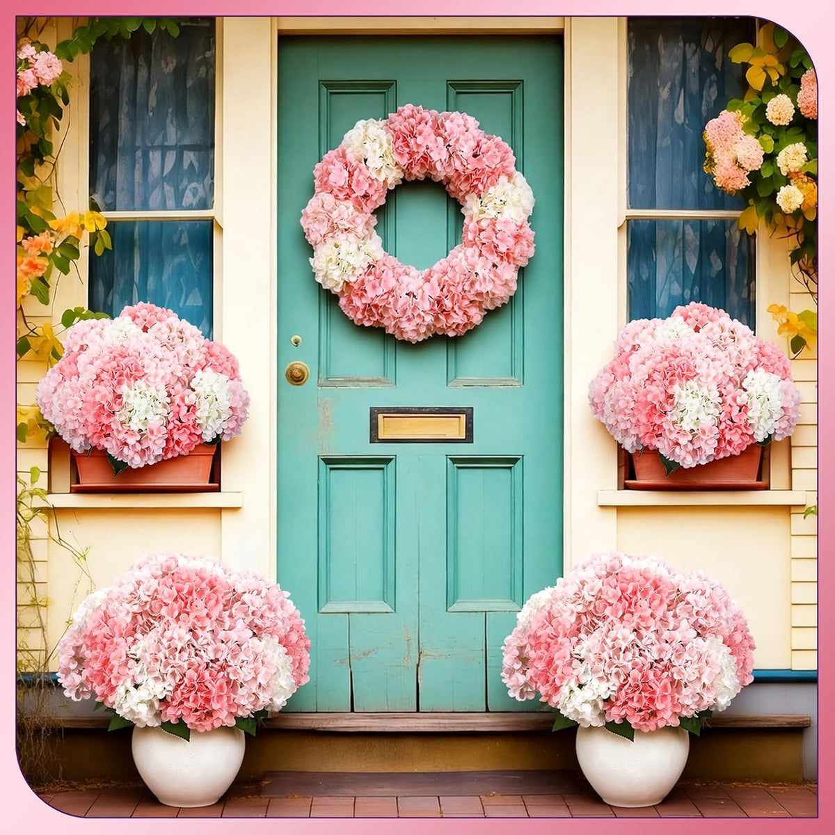 Pink 6 Bundles Hydrangea Artificial Flowers Bulk 30 Heads 20'' Faux Fake Hydrangea for Spring Graves Easter Decor Porch Indoor Outdoor Home Garden Wedding Table Centerpieces