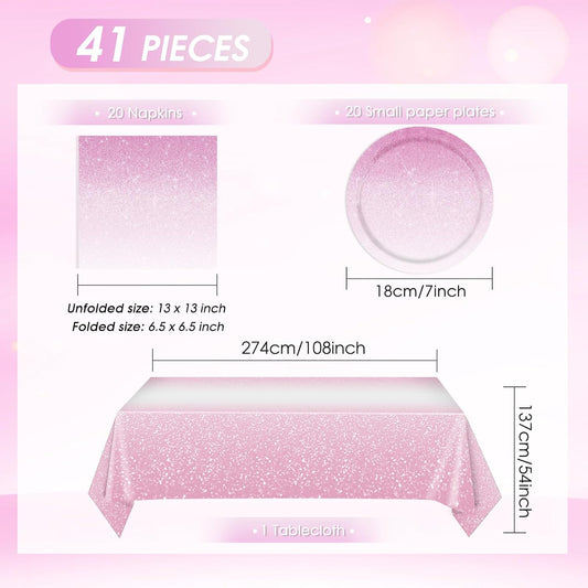 41Pcs Ombre Pink Party Decorations Gradient Pastel Pink Tableware Set Include Paper Plates Napkins Tablecloth丨Baby Shower Girls Woman Wedding Birthday Anniversary Party Decorations,Serves 20