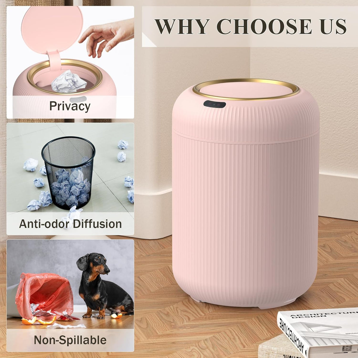 Small Pink Trash Can Bathroom,Motion Sensor Garbage Can Automatic