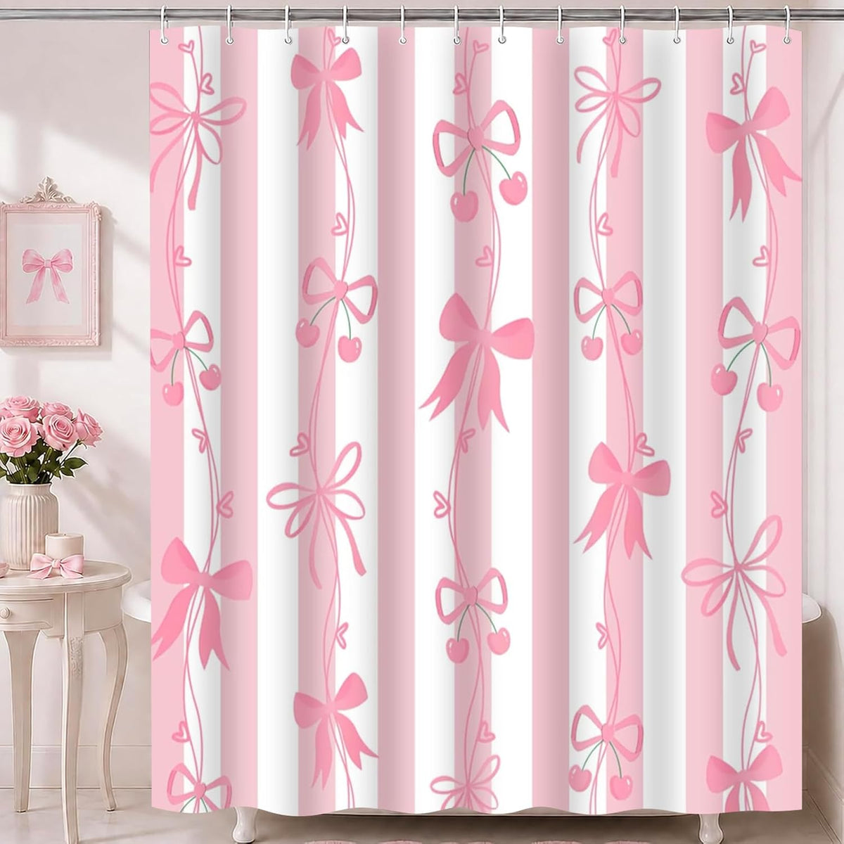 Cute Pink Bow Shower Curtai Preppy Style Cartoon Pattern 72x72 Inches