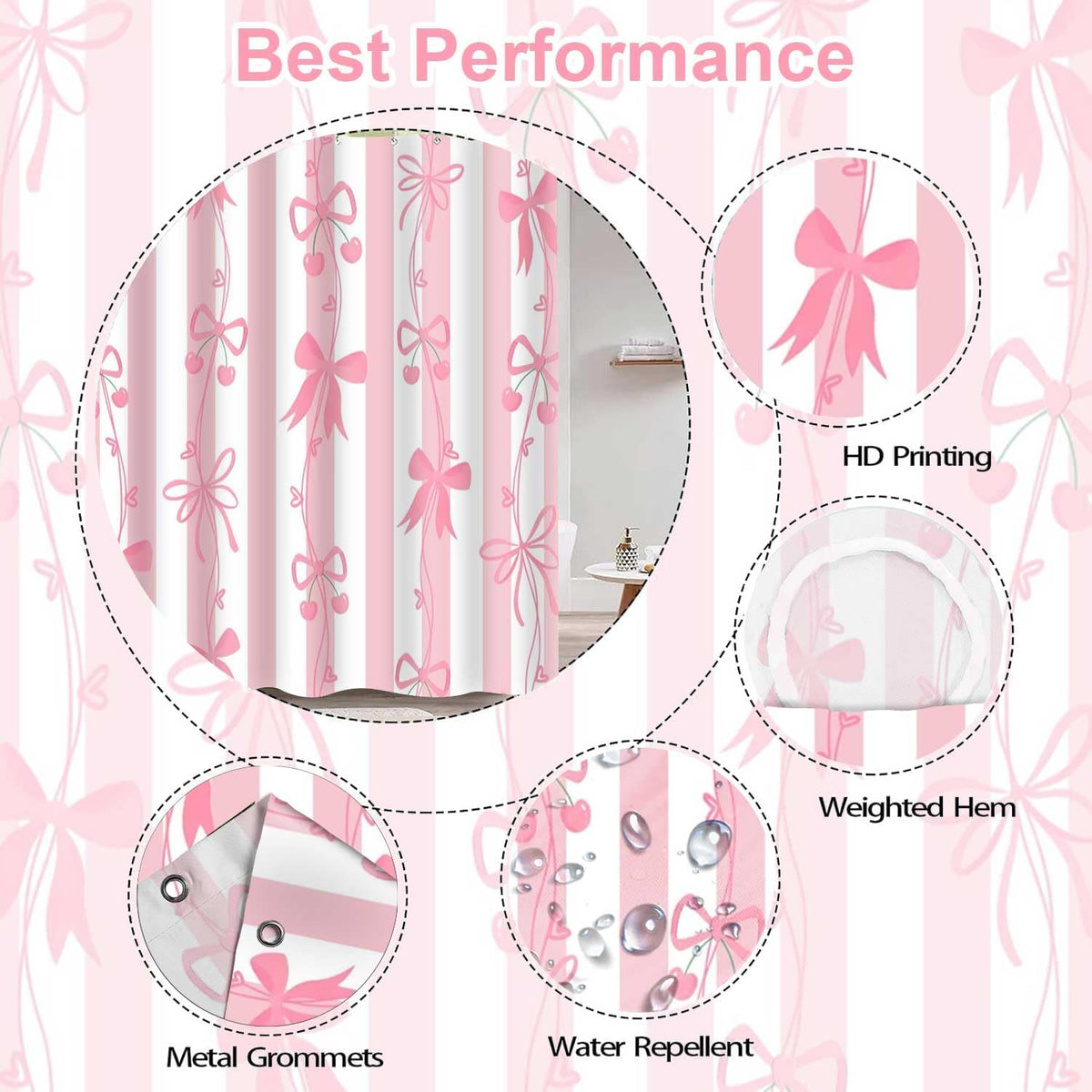 Cute Pink Bow Shower Curtai Preppy Style Cartoon Pattern 72x72 Inches