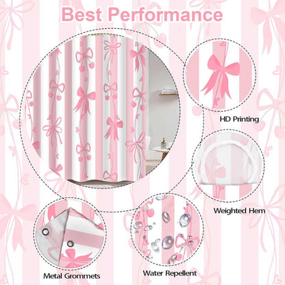 Cute Pink Bow Shower Curtai Preppy Style Cartoon Pattern 72x72 Inches