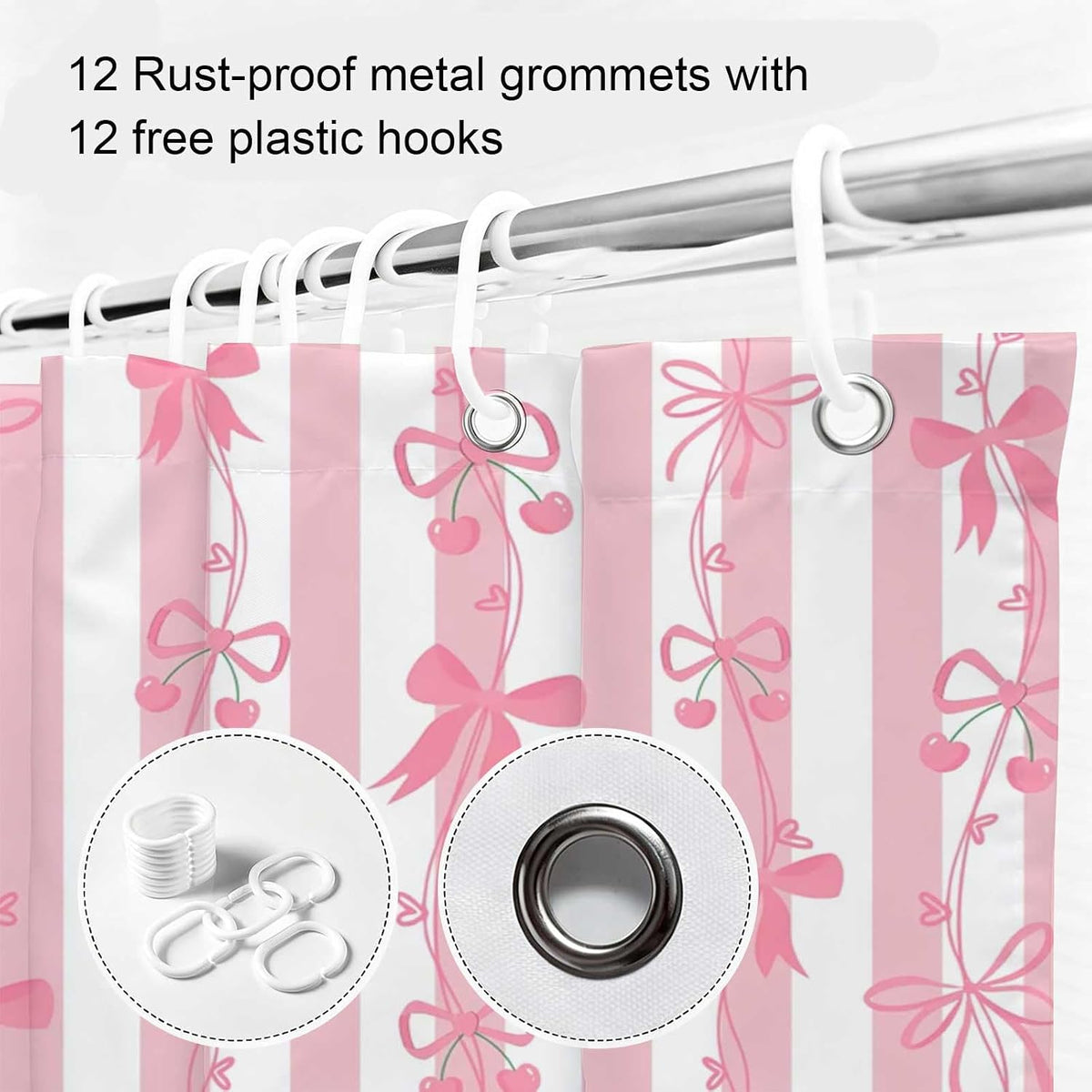 Cute Pink Bow Shower Curtai Preppy Style Cartoon Pattern 72x72 Inches