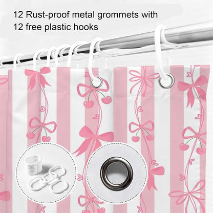 Cute Pink Bow Shower Curtai Preppy Style Cartoon Pattern 72x72 Inches