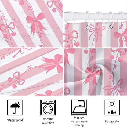 Cute Pink Bow Shower Curtai Preppy Style Cartoon Pattern 72x72 Inches