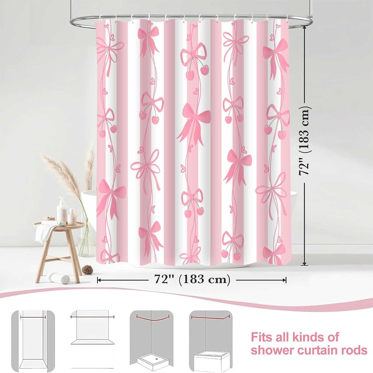 Cute Pink Bow Shower Curtai Preppy Style Cartoon Pattern 72x72 Inches