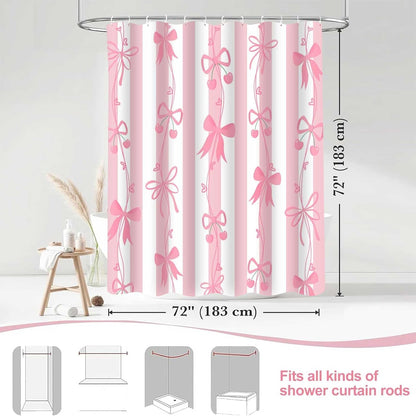 Cute Pink Bow Shower Curtai Preppy Style Cartoon Pattern 72x72 Inches