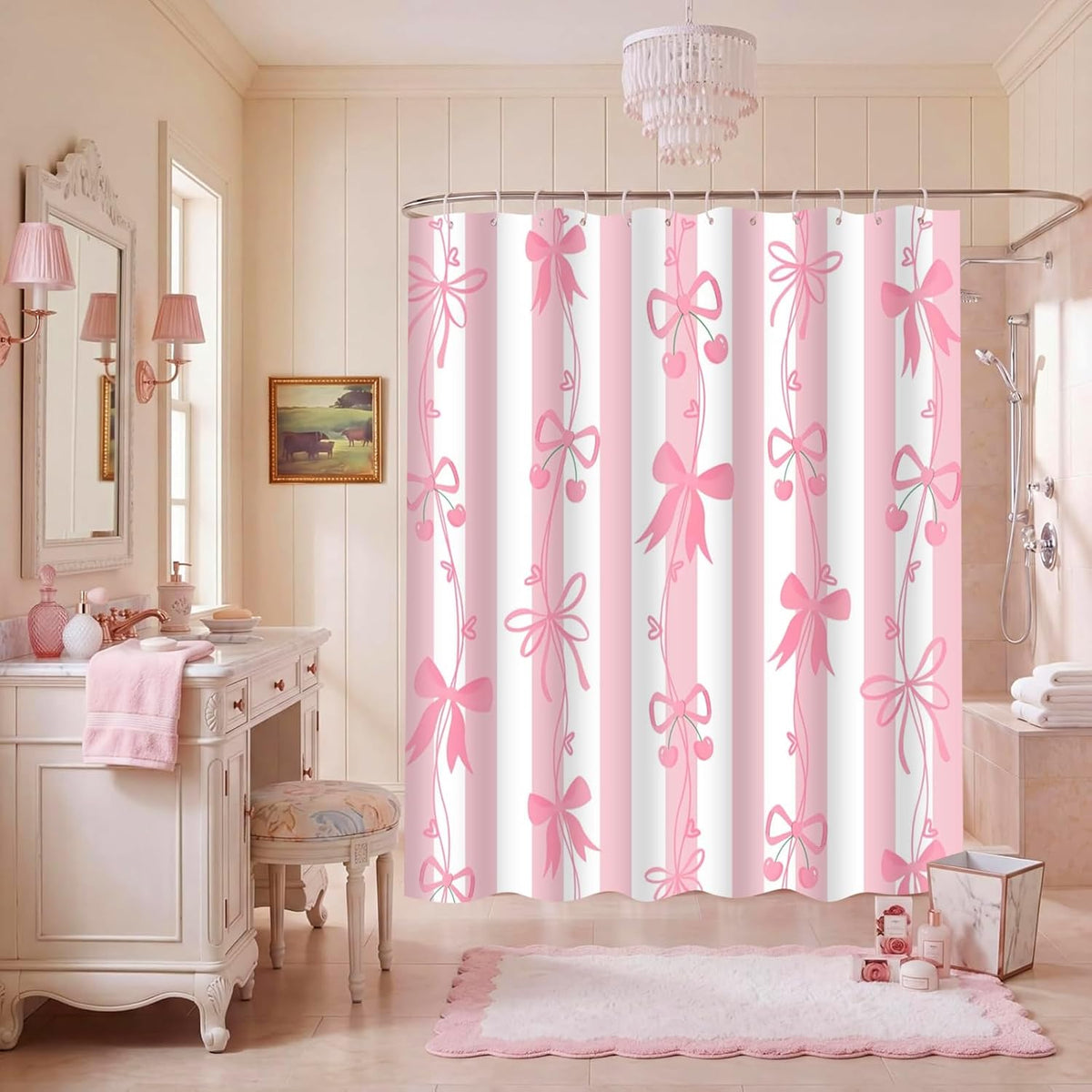 Cute Pink Bow Shower Curtai Preppy Style Cartoon Pattern 72x72 Inches