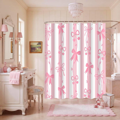 Cute Pink Bow Shower Curtai Preppy Style Cartoon Pattern 72x72 Inches