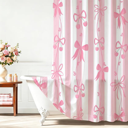 Cute Pink Bow Shower Curtai Preppy Style Cartoon Pattern 72x72 Inches