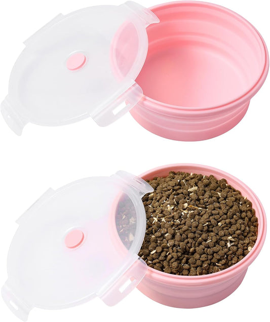 Collapsible Dog Bowls with Lids, 2 Pack Portable Travel Dog Bowls for Small Medium Large Dogs, Silicone Foldable Outdoor Dog Cat Food Water Bowls for Camping Hiking Road Trip, Pink 17 oz
