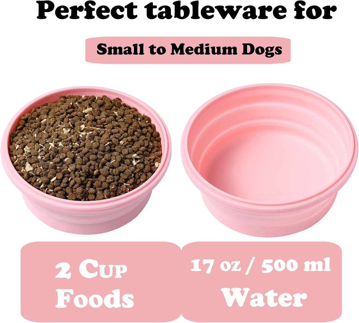 Collapsible Dog Bowls with Lids, 2 Pack Portable Travel Dog Bowls for Small Medium Large Dogs, Silicone Foldable Outdoor Dog Cat Food Water Bowls for Camping Hiking Road Trip, Pink 17 oz