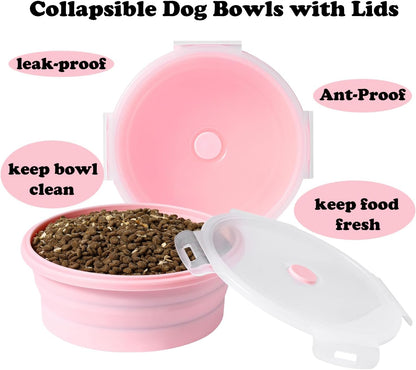 Collapsible Dog Bowls with Lids, 2 Pack Portable Travel Dog Bowls for Small Medium Large Dogs, Silicone Foldable Outdoor Dog Cat Food Water Bowls for Camping Hiking Road Trip, Pink 17 oz